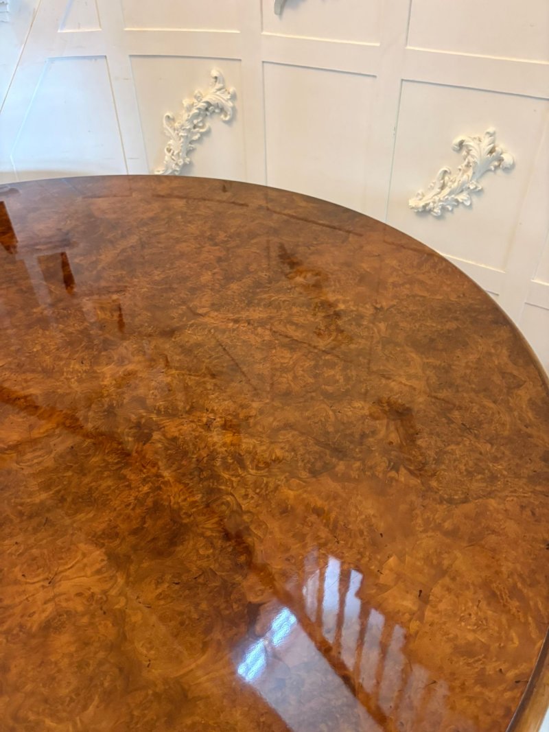 Antique Exceptional Quality Burr Walnut Circular Extending Dining Table Seating 10 with Radial Leaves & Matching Burr Walnut Leaf Holder - Image 25